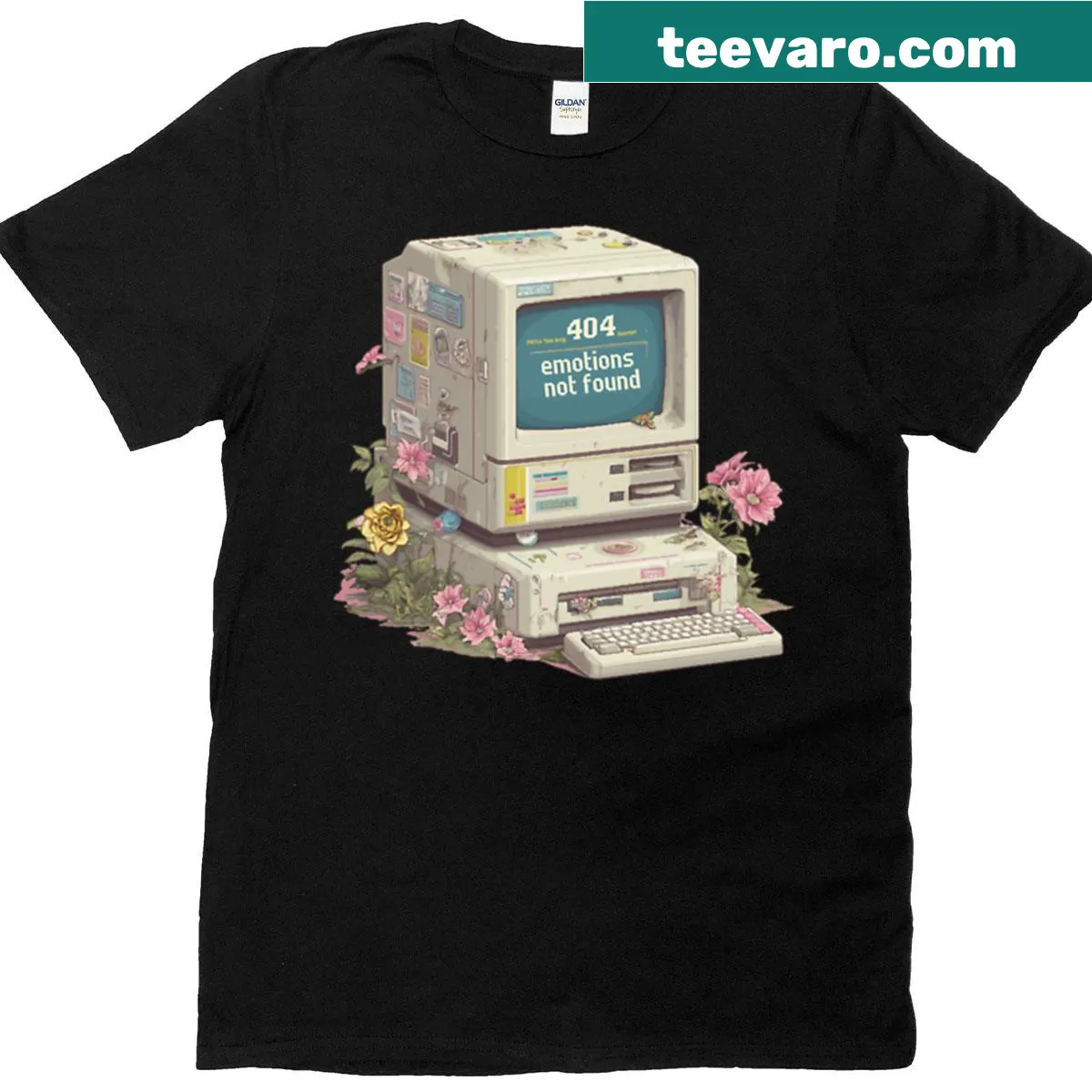 Retro pixel art t-shirt with computer graphic and flowers saying 404 Emotions Not Found — on a men's t-shirt