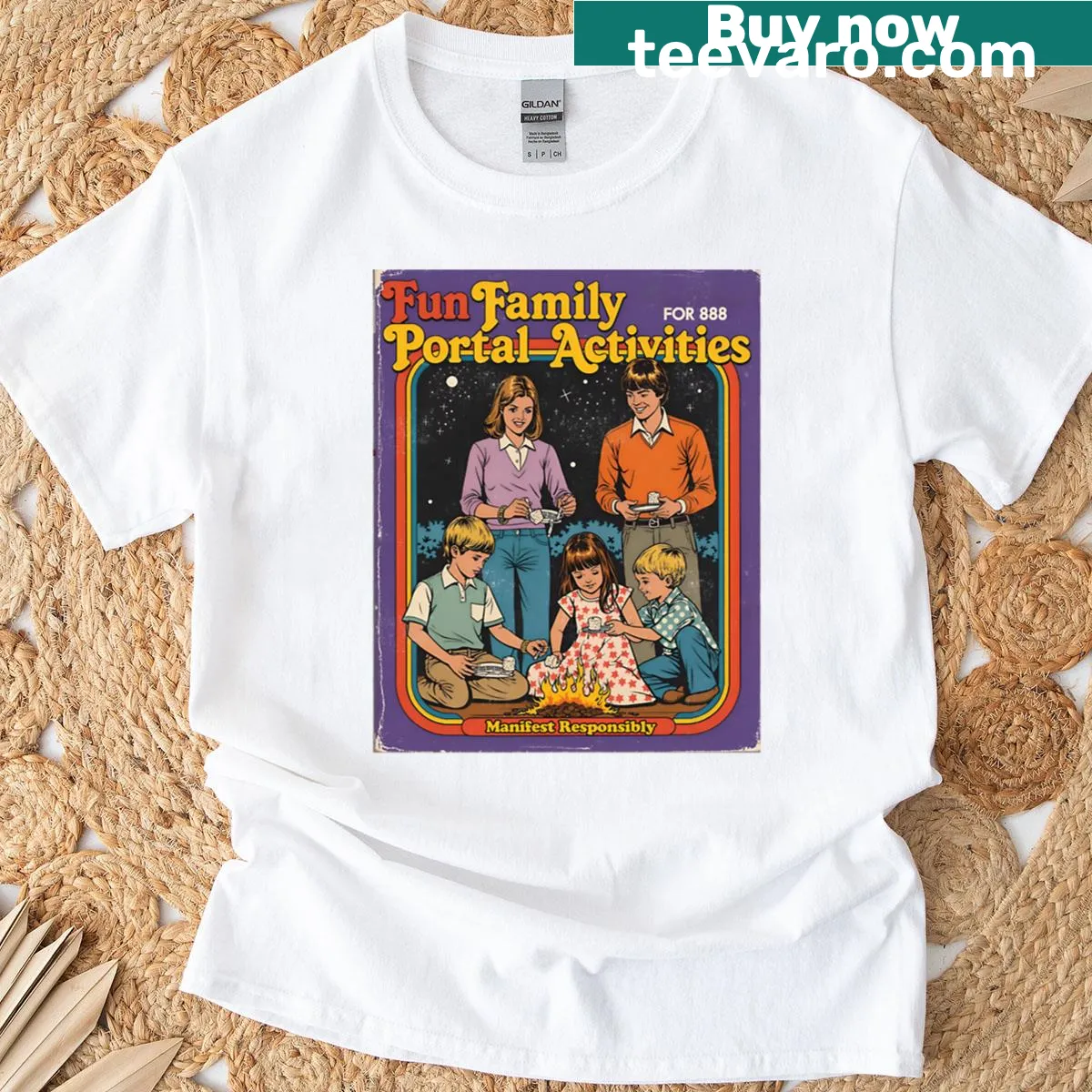 Retro campfire and sci-fi themed family activities graphic T-shirt — on a men's t-shirt