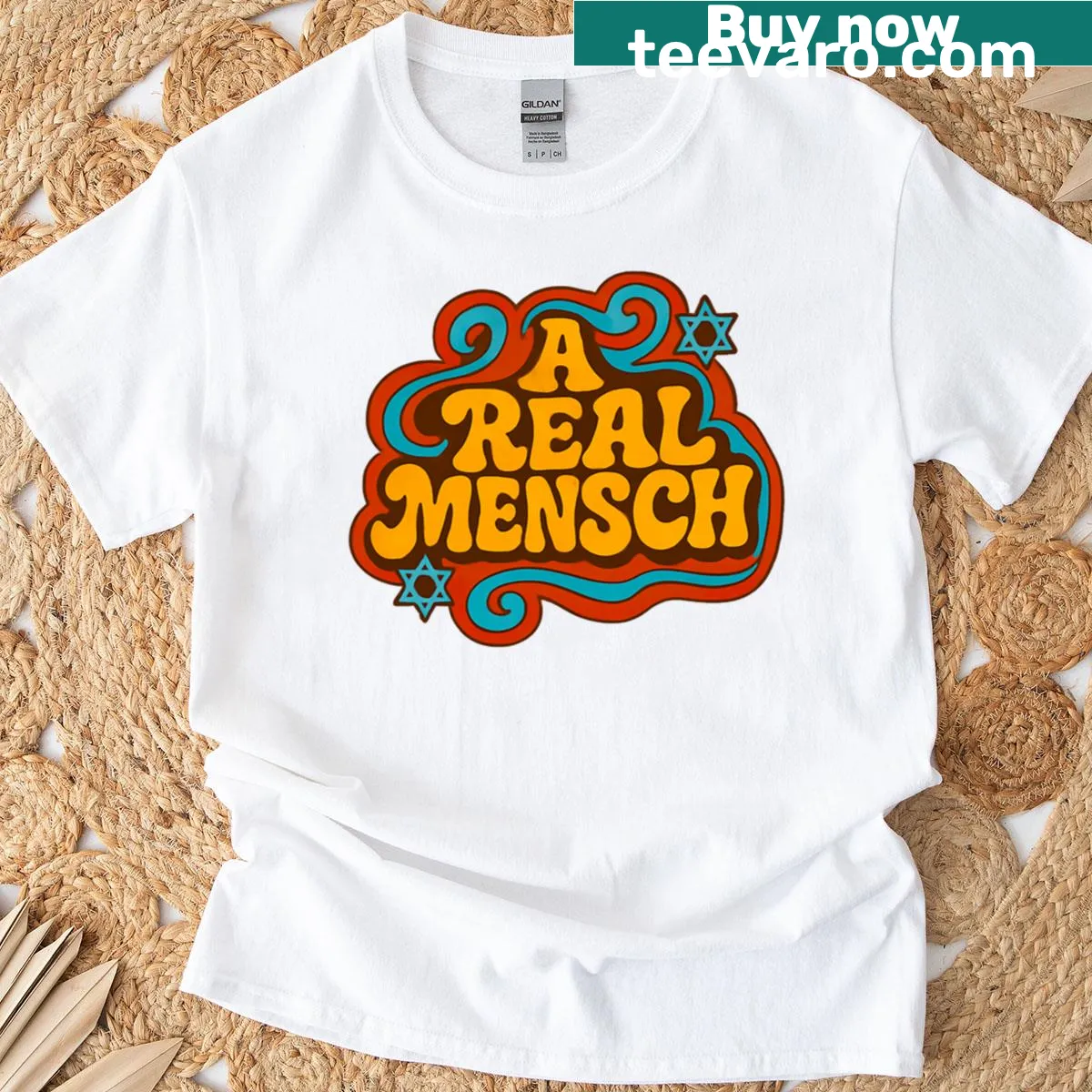 Retro Yiddish vibes t-shirt featuring the phrase 'A Real Mensch' — on a men's t-shirt