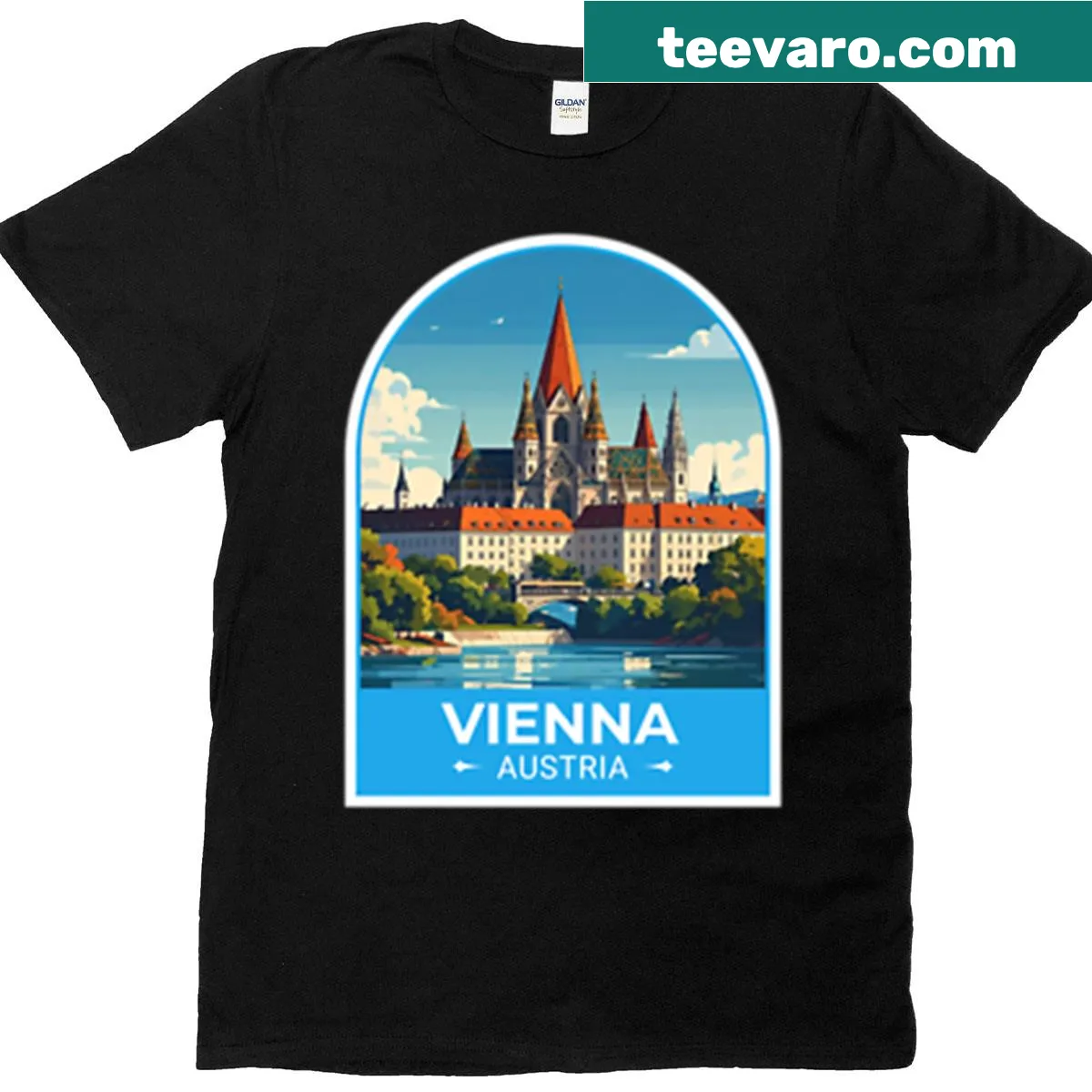 Vintage travel illustration of Vienna on a T-shirt — on a men's t-shirt