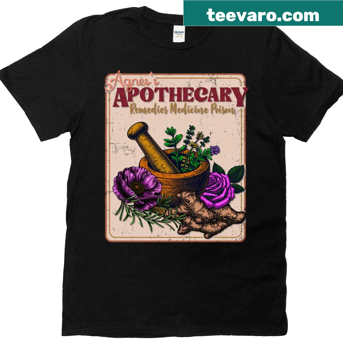 Vintage herbal design T-shirt featuring Agness Apothecary graphics — on a men's t-shirt