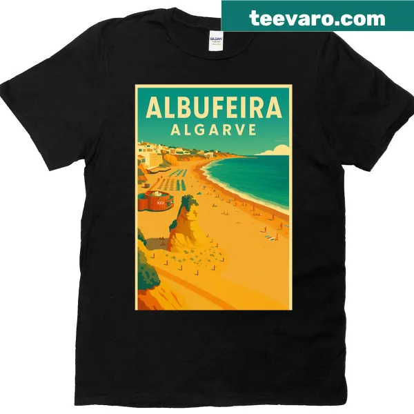Retro travel poster design of Albufeira Algarve on T-shirt