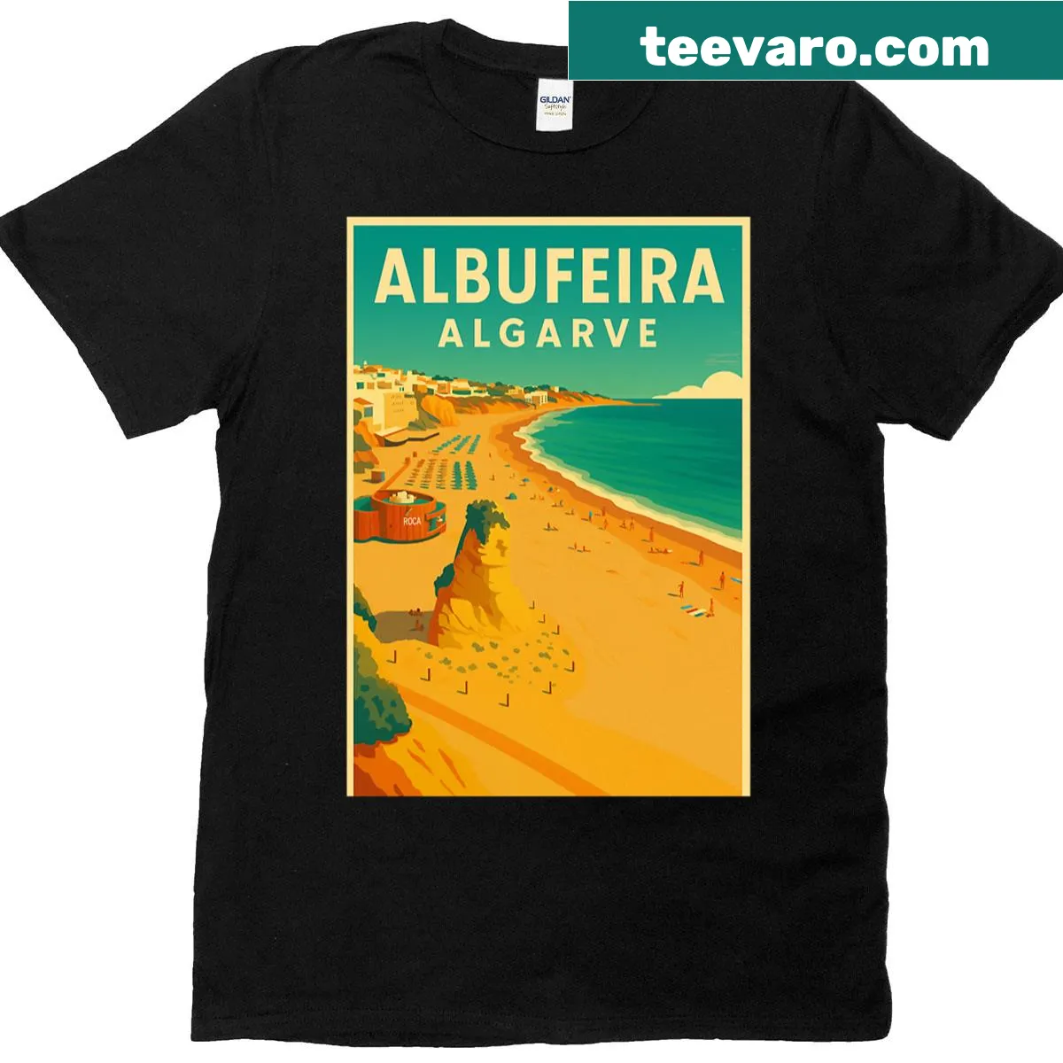 Retro travel poster design of Albufeira Algarve on T-shirt — on a men's t-shirt