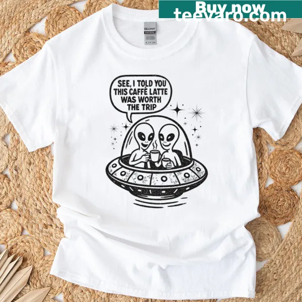 Retro alien and UFO coffee design on a funny t-shirt