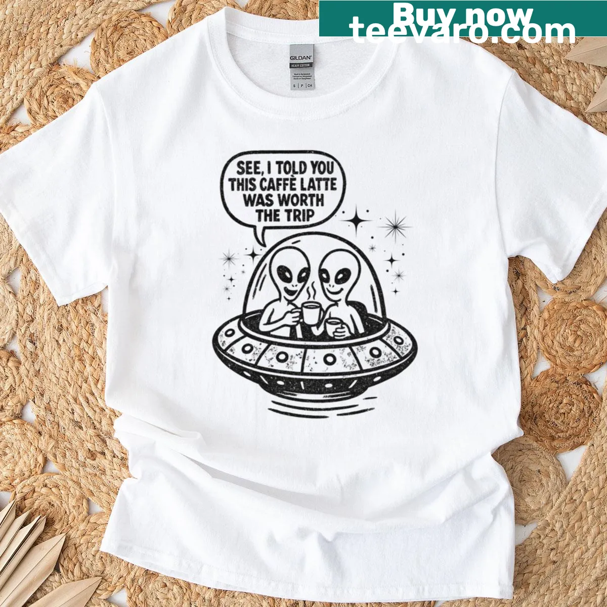 Retro alien and UFO coffee design on a funny t-shirt — on a men's t-shirt