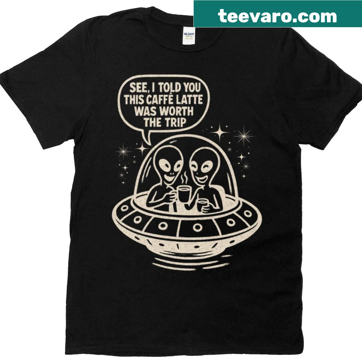 Funny coffee-themed T-shirt featuring an alien and latte graphic — on a men's t-shirt