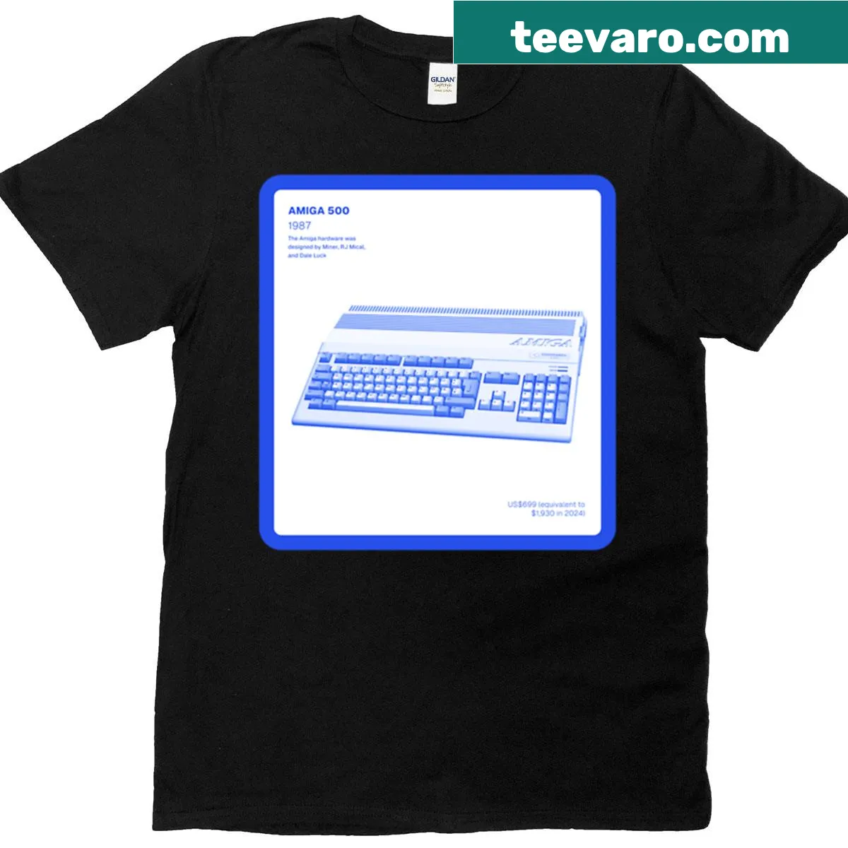 Blueprint illustration of the Amiga 500 computer on a T-shirt — on a men's t-shirt