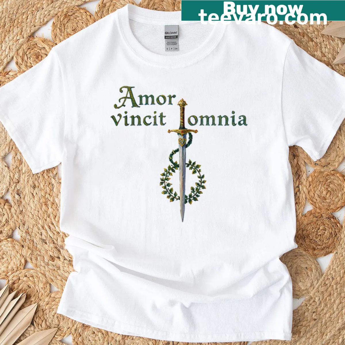 T-shirt with the Latin quote 'Amor Vincit Omnia' in typography — on a men's t-shirt