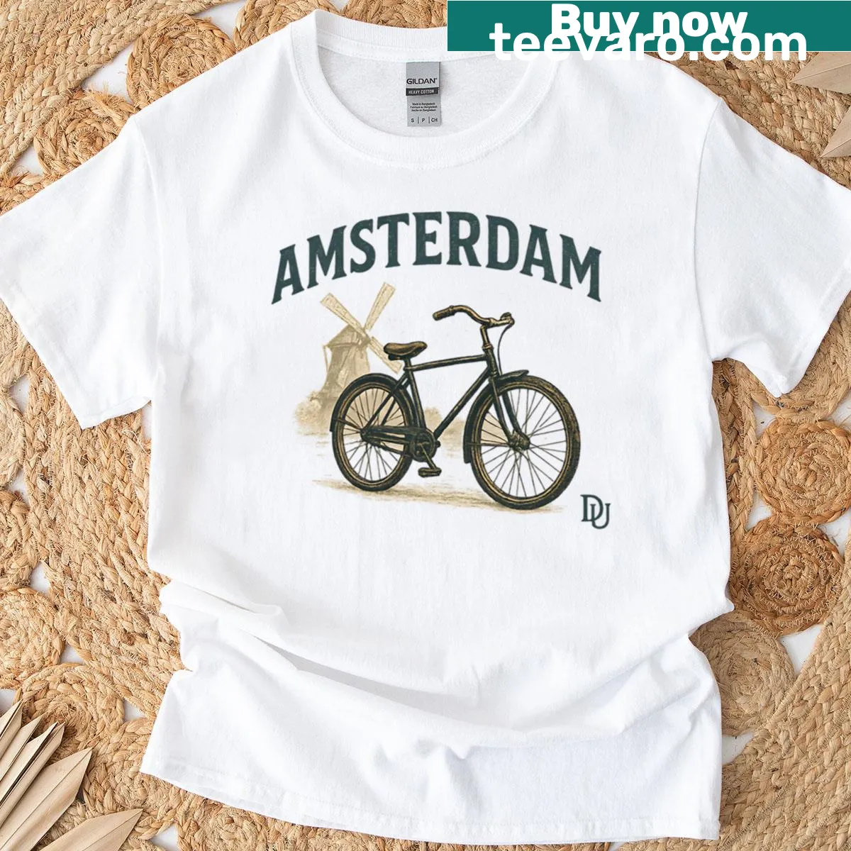 Vintage poster-inspired T-shirt featuring a bike and windmills of Amsterdam — on a men's t-shirt
