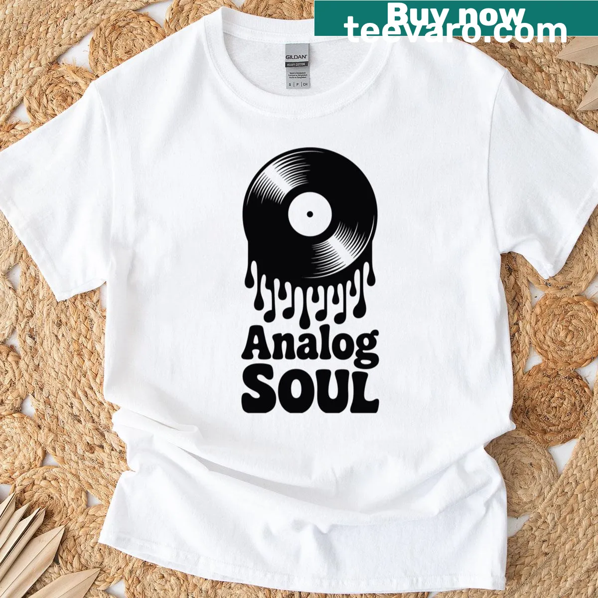 Retro t-shirt featuring a vinyl record graphic design — on a men's t-shirt