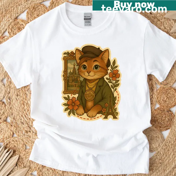 Kitten-themed illustration of Paris on T-shirt