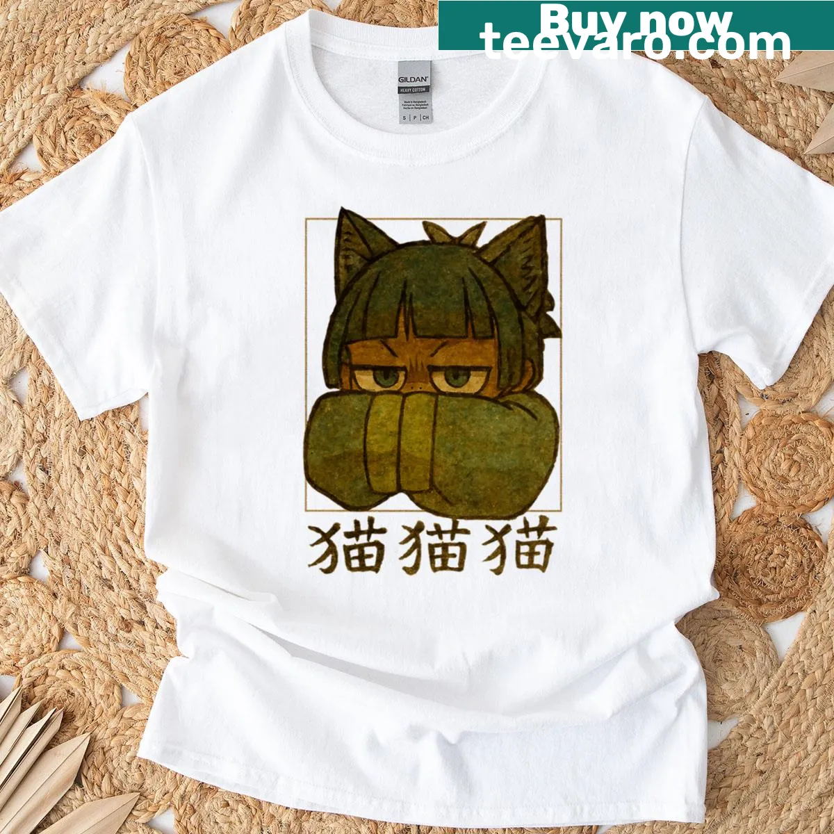 Vintage manga style T-shirt featuring a cat girl character — on a men's t-shirt