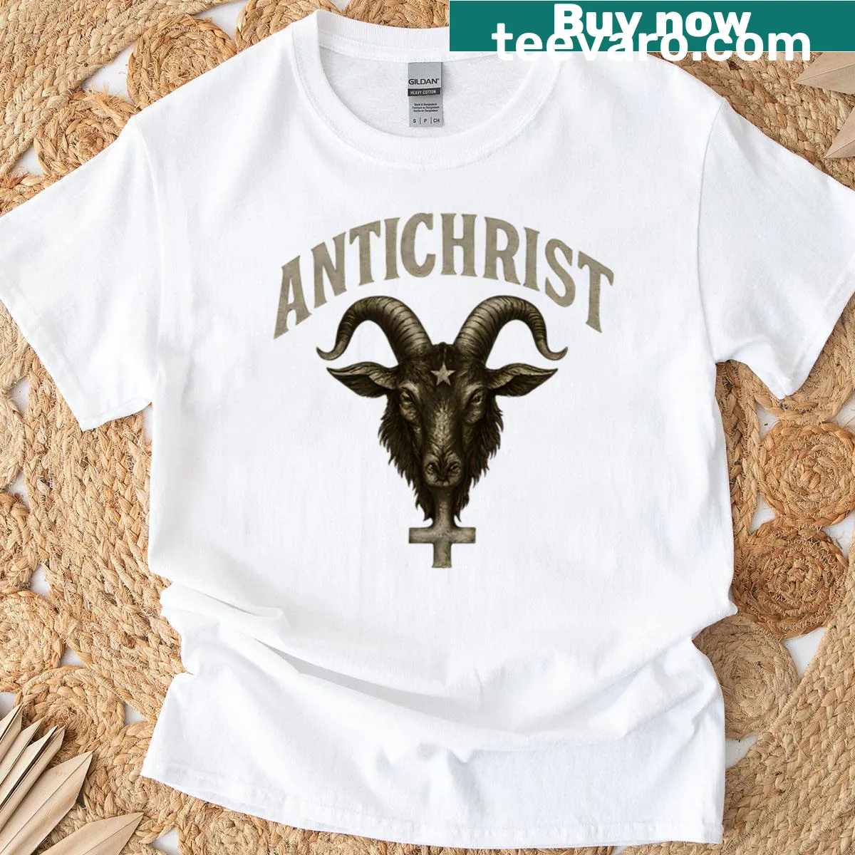 Vintage distressed t-shirt with a goat head Baphomet design — on a men's t-shirt