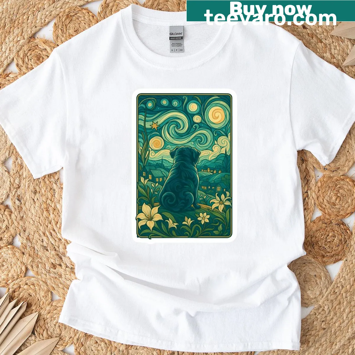 Art Nouveau styled T-shirt with an illustration of a pug under a starry sky — on a men's t-shirt