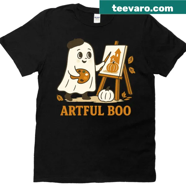 Illustrated Halloween t-shirt featuring a friendly ghost and pumpkins