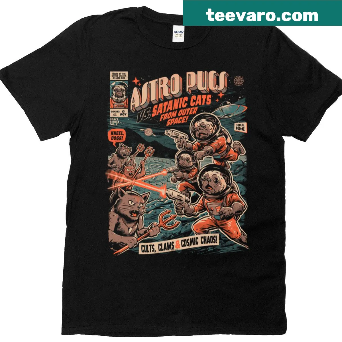 Illustration of pugs in space on a T-shirt — on a men's t-shirt