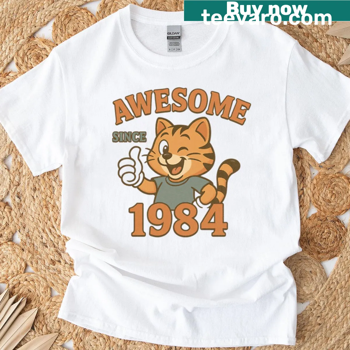 Vintage distressed t-shirt with a cat graphic and 'Awesome Since 1984' — on a men's t-shirt