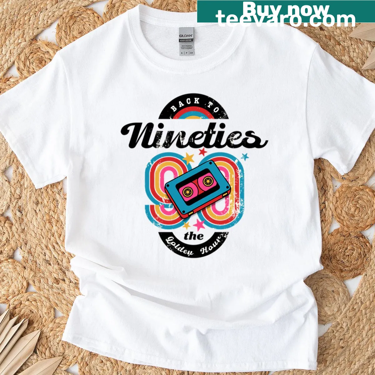 Vintage-style T-shirt with a retro cassette graphic evoking 90s vibes — on a men's t-shirt
