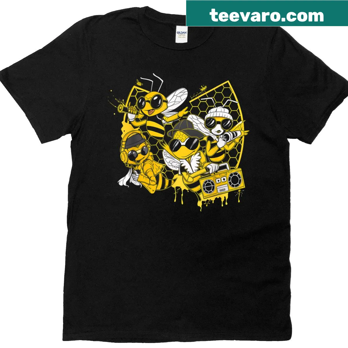 Playful T-shirt featuring bees in a hip hop design for music lovers — on a men's t-shirt