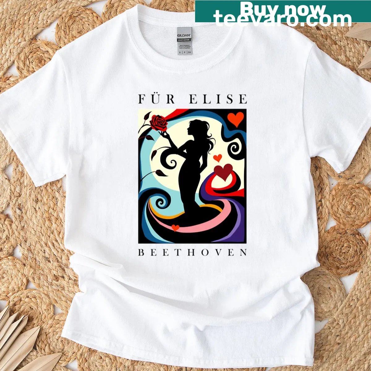 T-shirt featuring a Matisse-inspired illustration of Beethoven's Für Elise — on a men's t-shirt