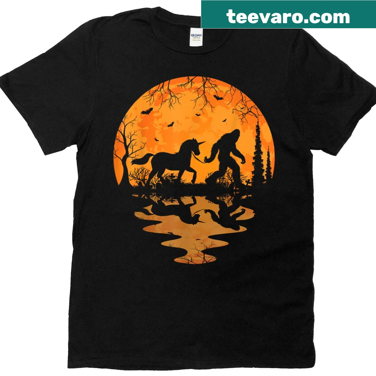 Funny Sasquatch walking with a unicorn design for Halloween. — on a men's t-shirt