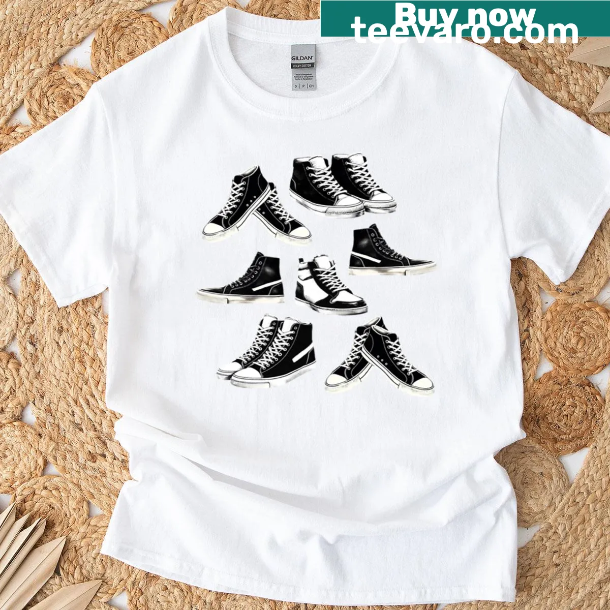 Vintage illustration of black and white sneakers on a T-shirt — on a men's t-shirt