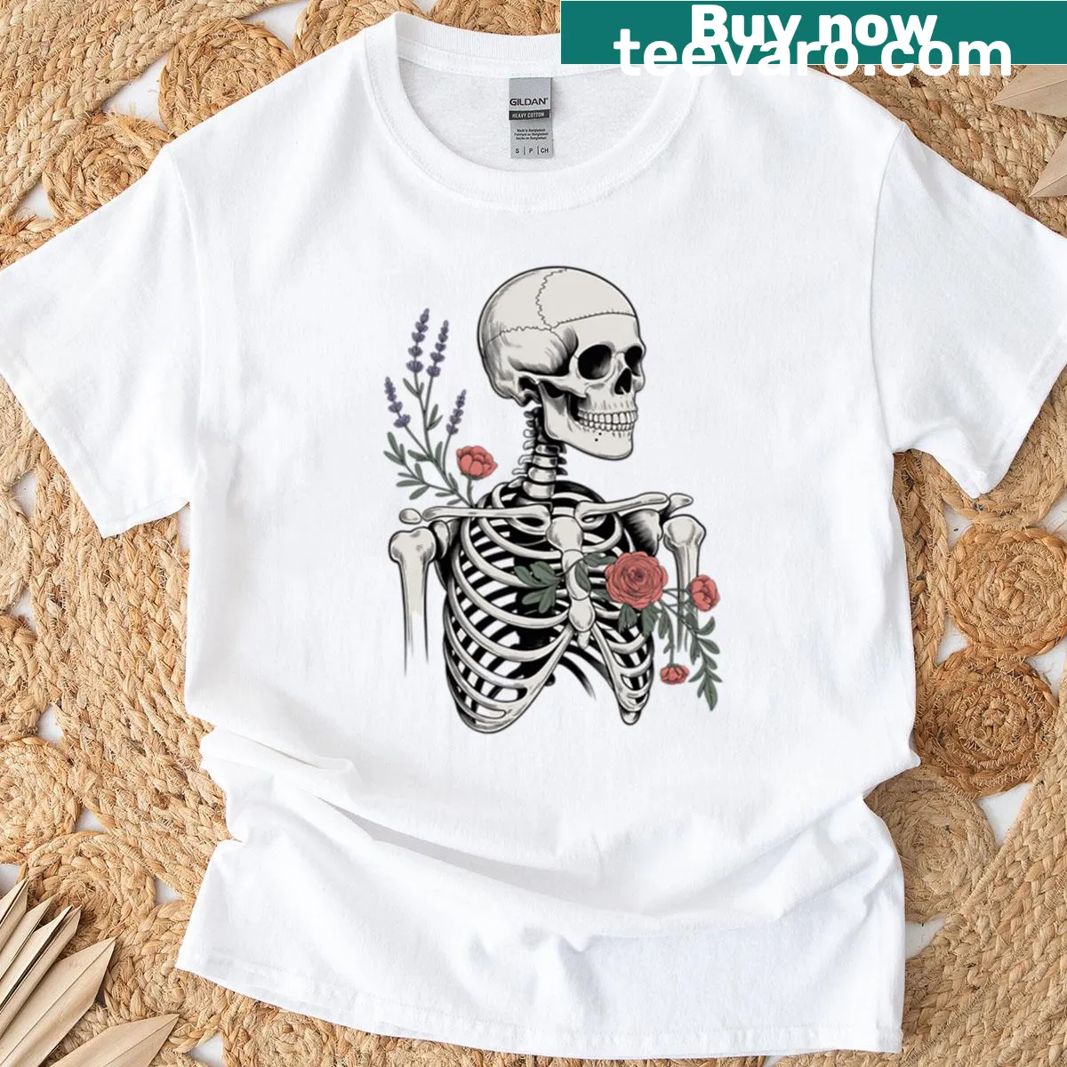 Minimalist skeleton and botanical art design T-shirt — on a men's t-shirt
