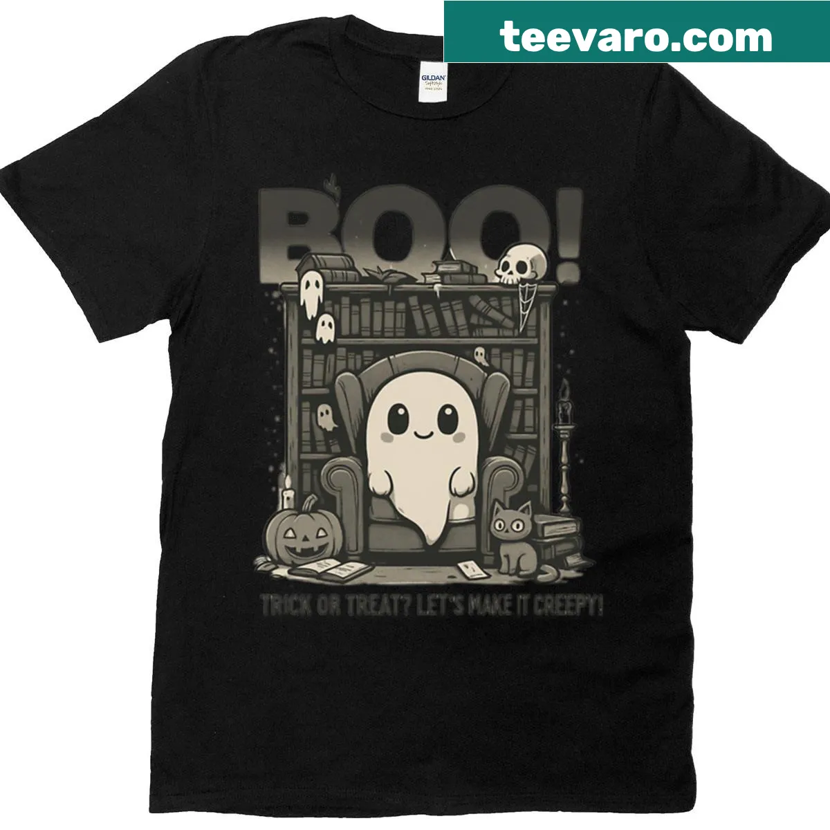 Cute ghost reading Halloween oversized T-shirt — on a men's t-shirt