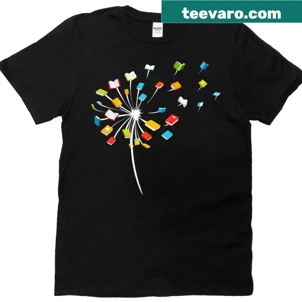 Illustrative t-shirt featuring dandelions and books for reading lovers