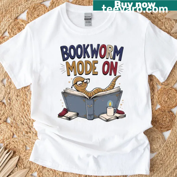 Hand-drawn bookworm design with 'Bookworm Mode On' text