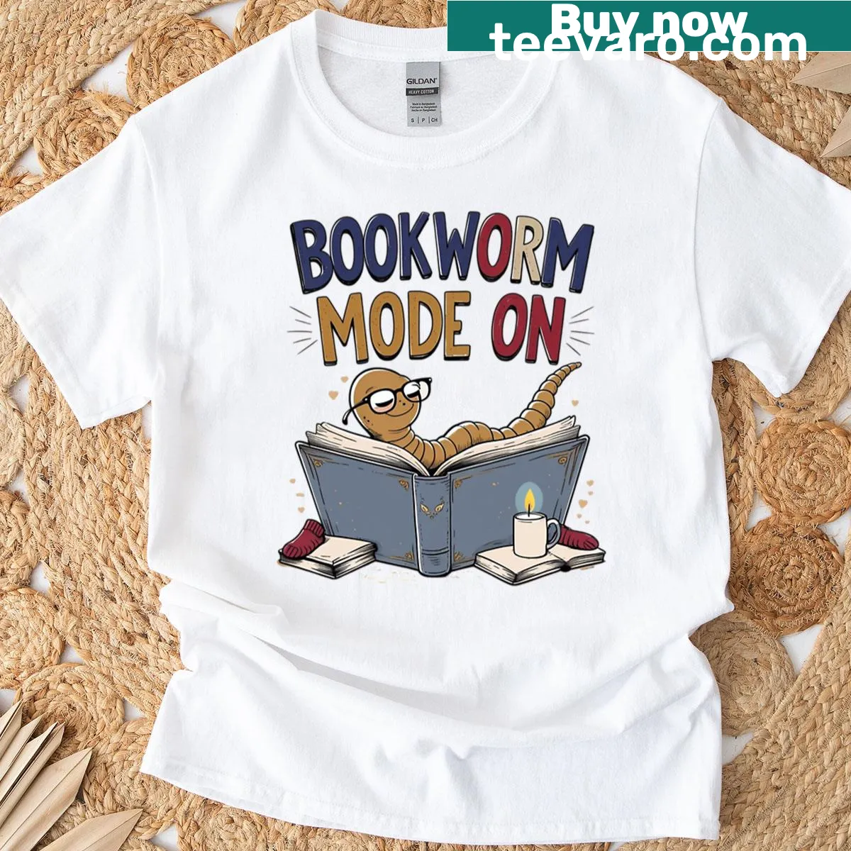 Hand-drawn bookworm design with 'Bookworm Mode On' text — on a men's t-shirt
