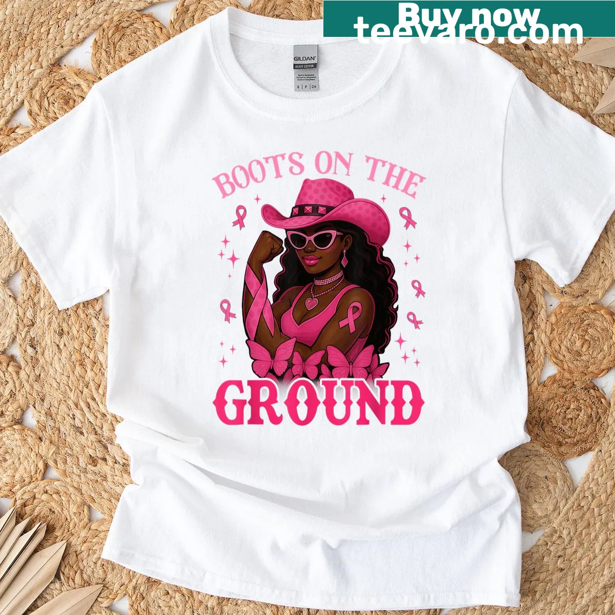 Vintage distressed T-shirt with pink cowgirl design supporting breast cancer — on a men's t-shirt