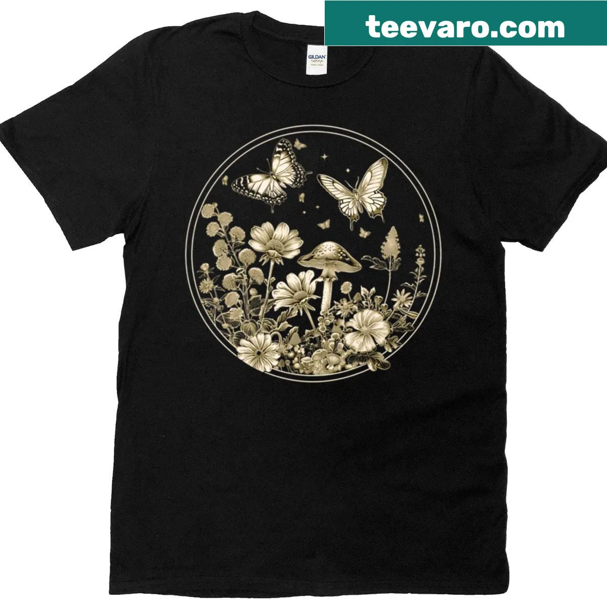 Vintage botanical art T-shirt with mushrooms and butterflies — on a men's t-shirt
