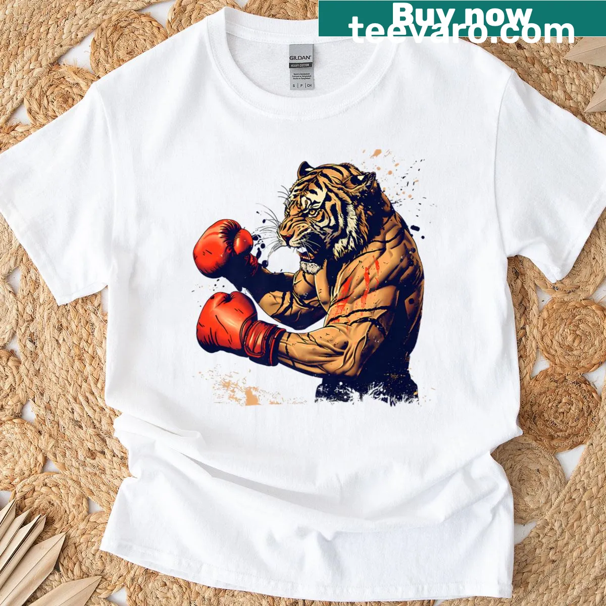 Illustration of a tiger in boxing gloves preparing to box — on a men's t-shirt