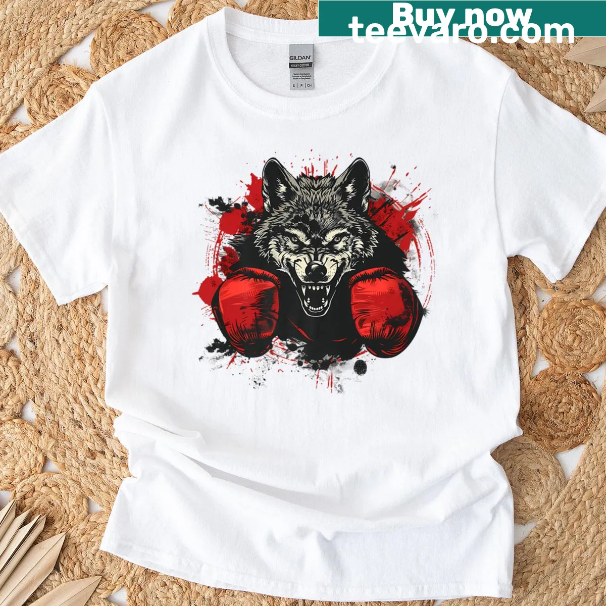Cartoon wolf with boxing gloves in a kickboxing pose — on a men's t-shirt