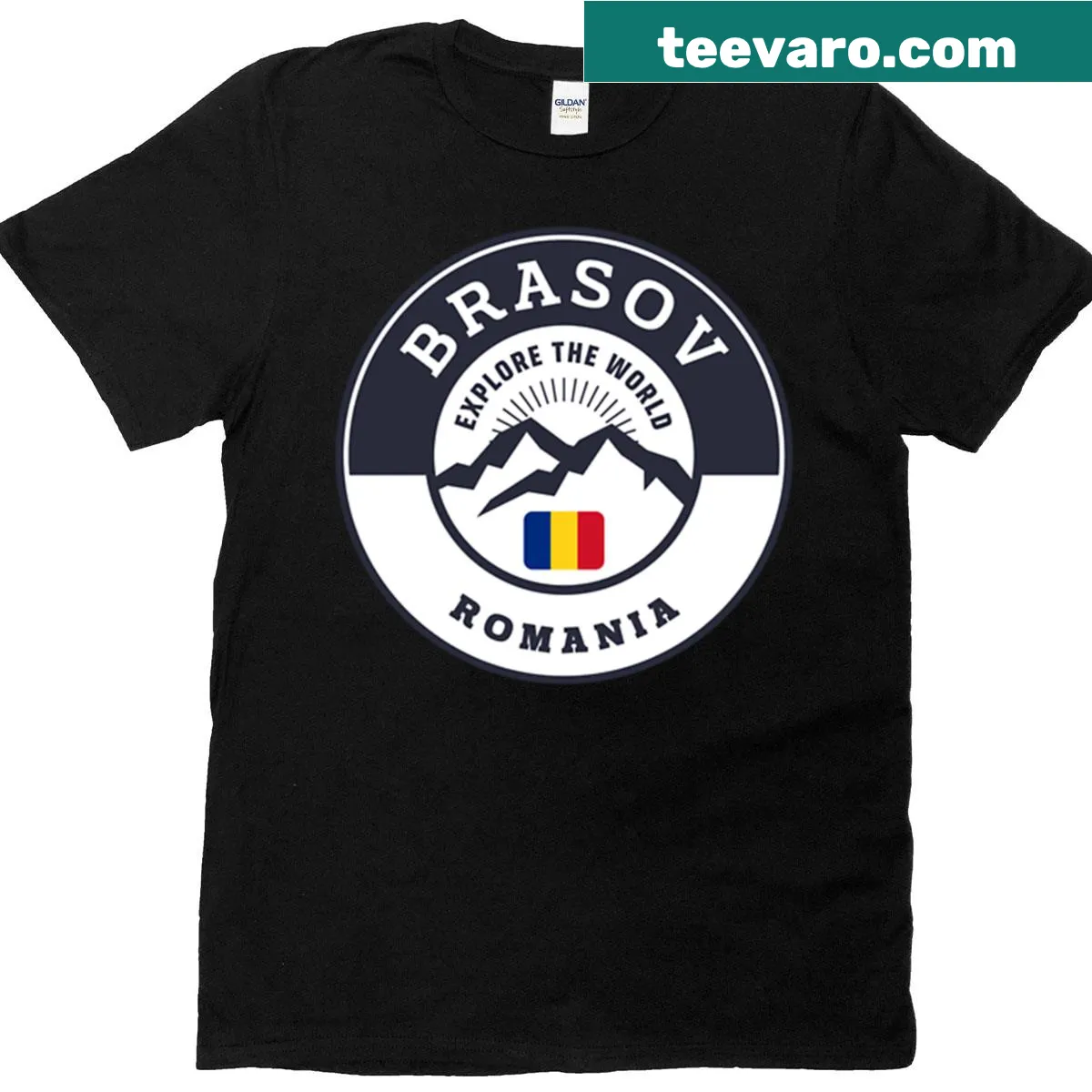 Black and white crest design representing Brasov, Romania — on a men's t-shirt