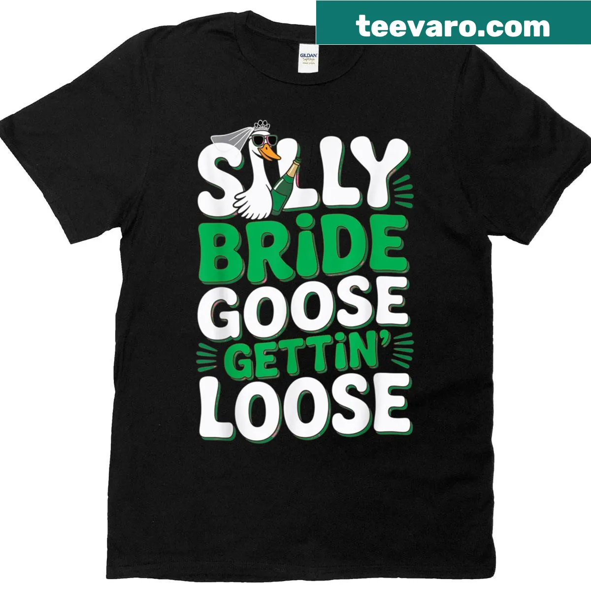 Funny illustration of a goose in a bridal outfit for bachelorette parties — on a men's t-shirt
