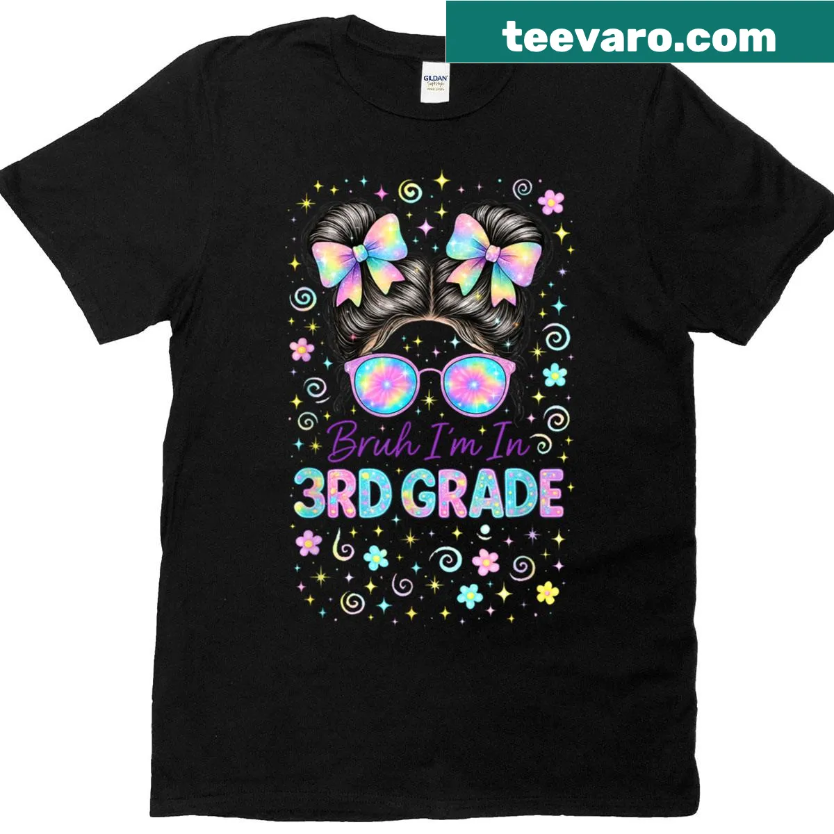 T-shirt featuring a playful quote about being in 3rd grade with messy bun graphic — on a men's t-shirt