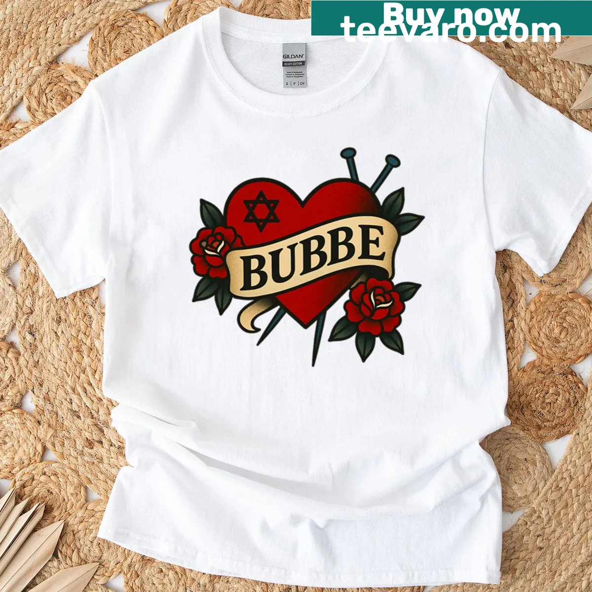 Tattoo heart design with 'Bubbe Forever' text on oversized tee — on a men's t-shirt