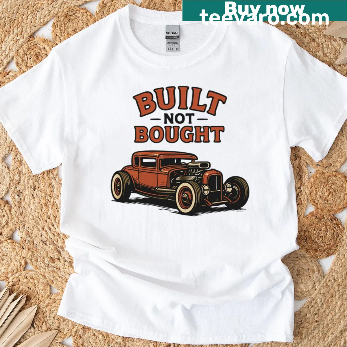 Oversized t-shirt with Built Not Bought phrase for hot rod enthusiasts. — on a men's t-shirt