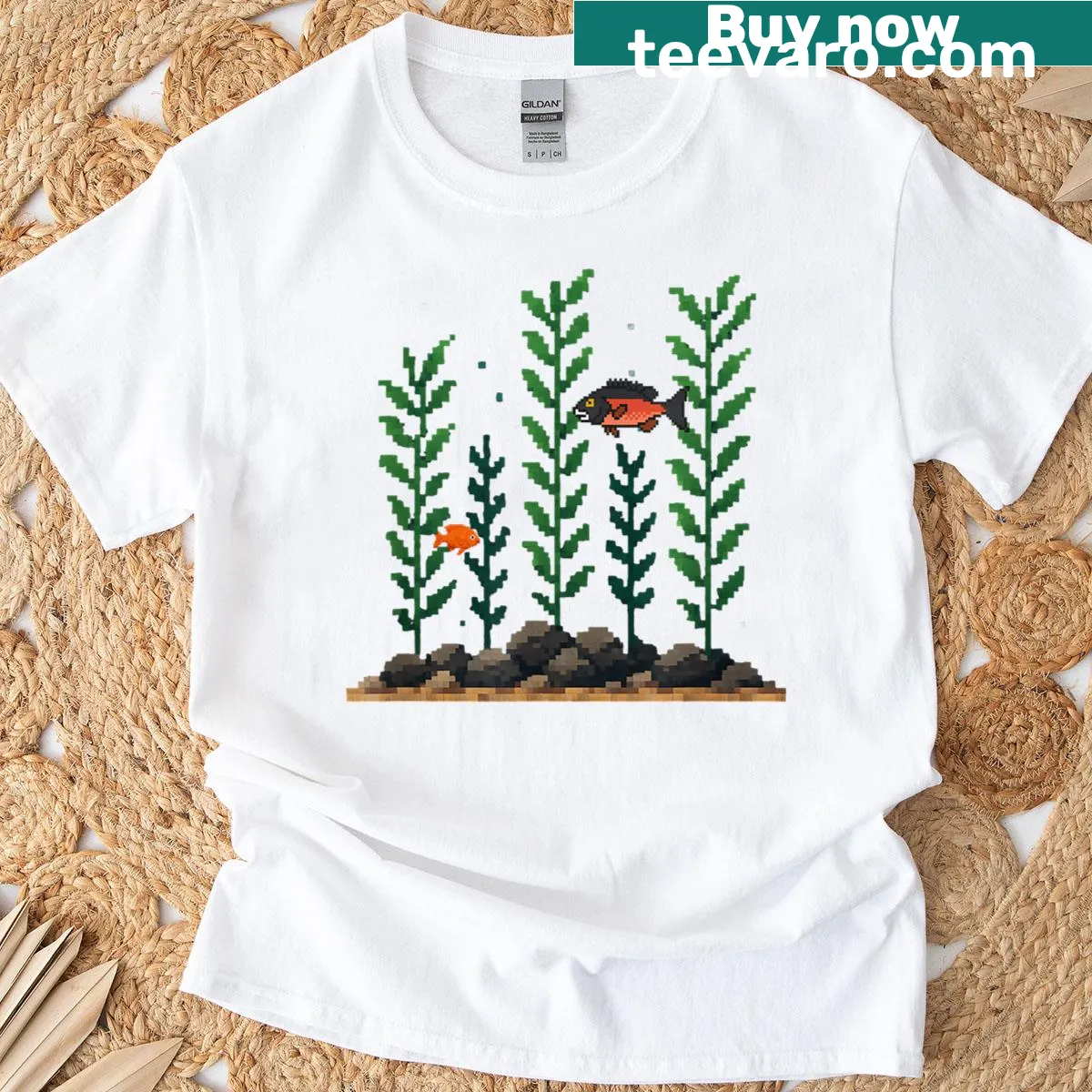 T-shirt featuring an illustration of California sheephead and Garibaldi in a kelp forest — on a men's t-shirt