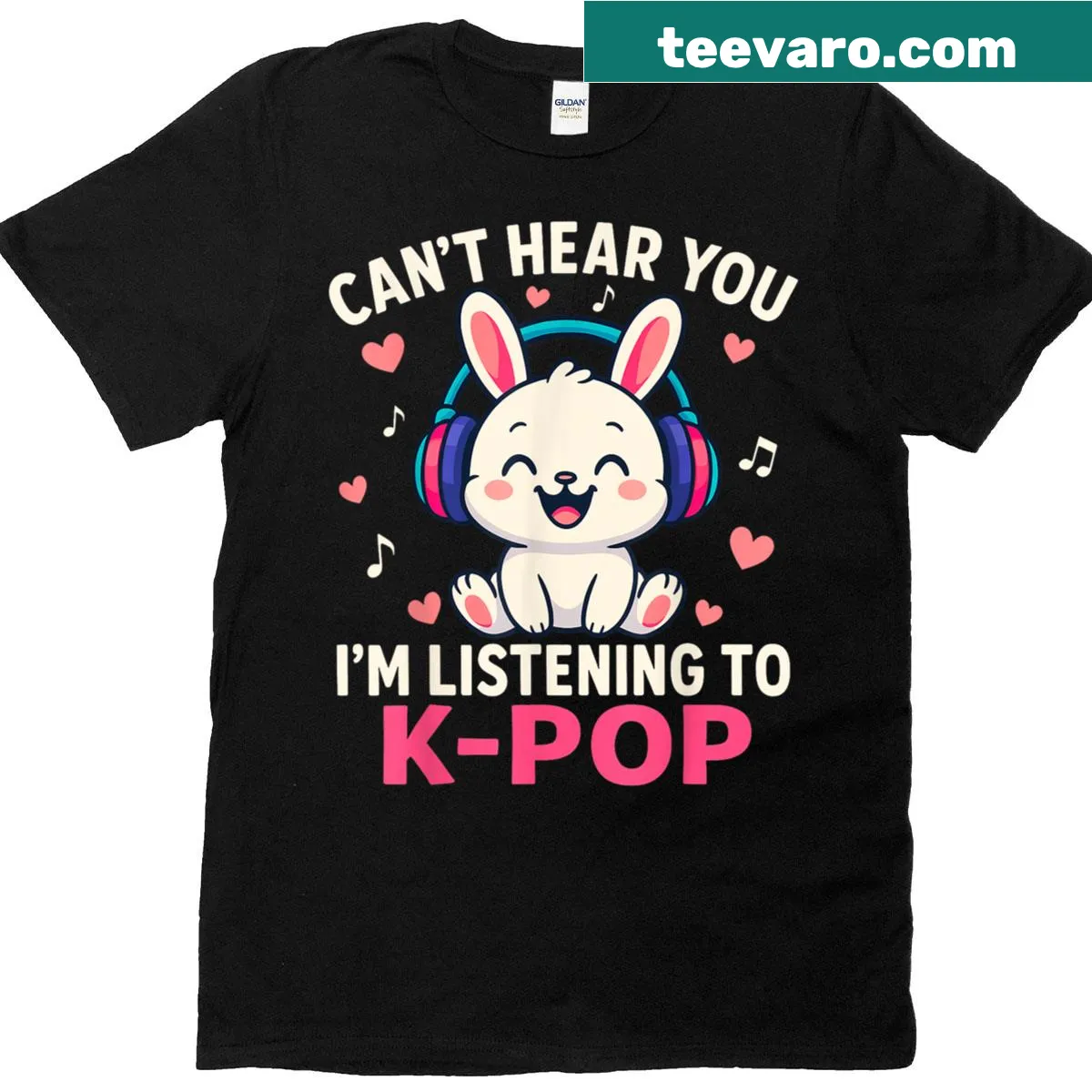 Cute T-shirt featuring a rabbit in headphones with K-pop theme — on a men's t-shirt