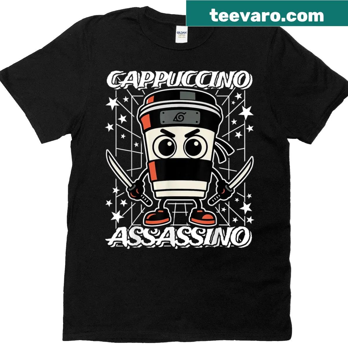 Funny coffee-themed T-shirt with 'Cappuccino-assassino' graphic — on a men's t-shirt