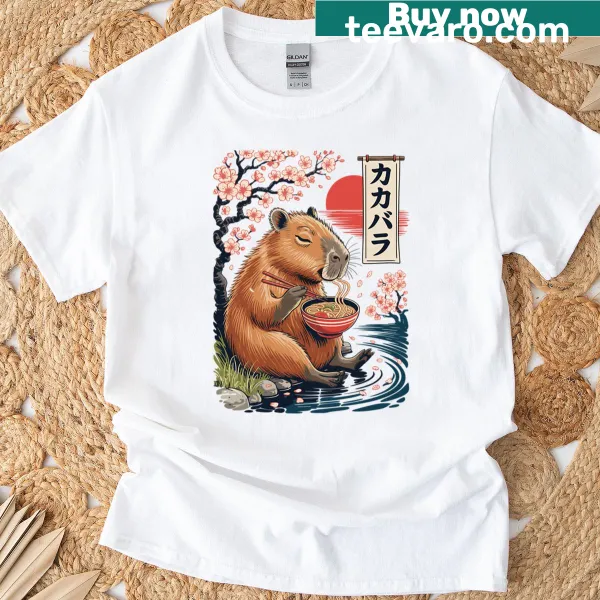 Vintage capybara anime graphic t-shirt with ramen design
