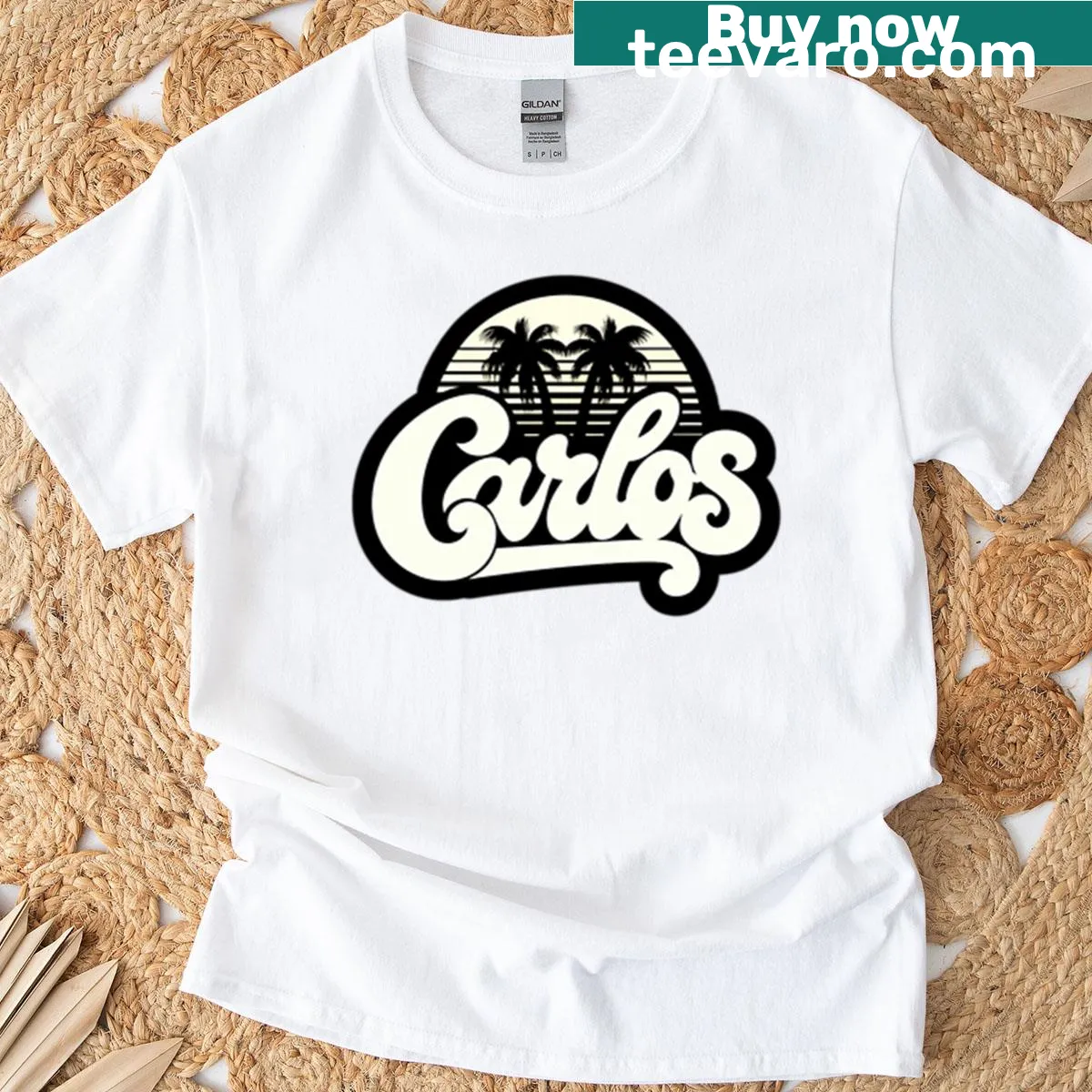 Urban vintage T-shirt featuring the name Carlos and sunset design — on a men's t-shirt