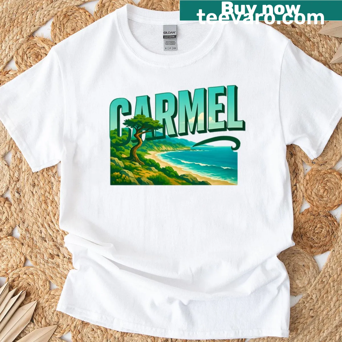 Typography art T-shirt featuring Carmel California — on a men's t-shirt