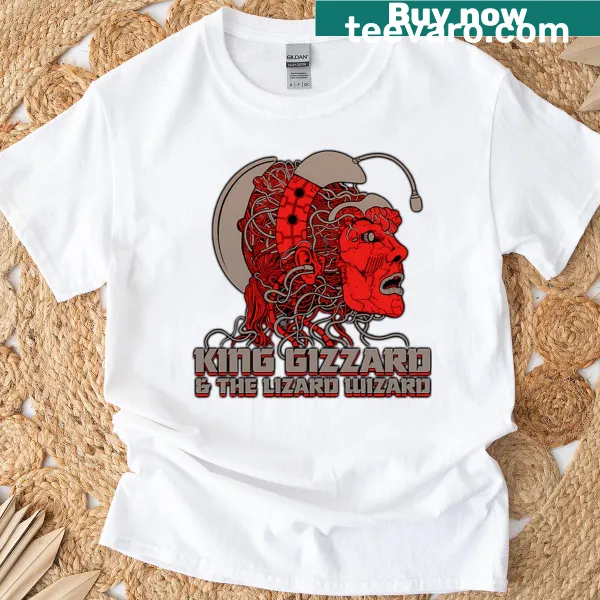 Cartoon design of King Gizzard and the Lizard Wizard band on a t-shirt.