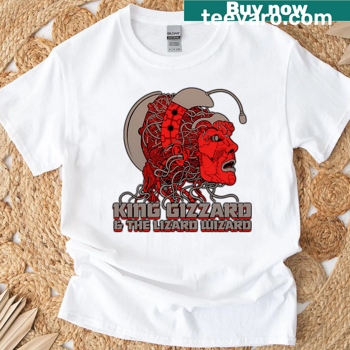 Cartoon design of King Gizzard and the Lizard Wizard band on a t-shirt. — on a men's t-shirt