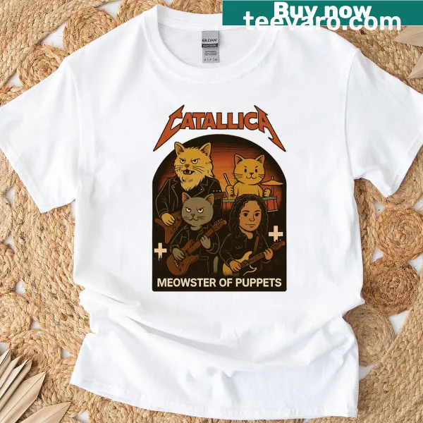 Cartoon cat design t-shirt titled 'Meowster Of Puppets'