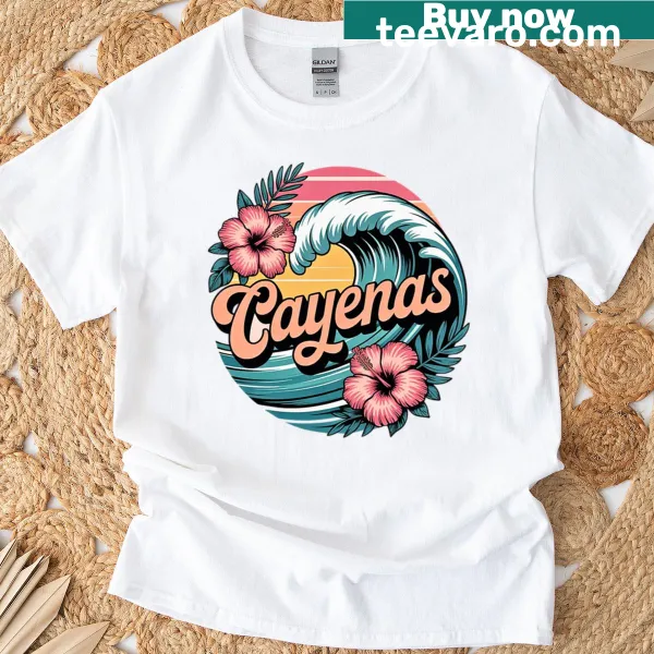 Tropical hibiscus and waves design T-shirt